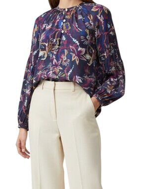 Chufy Nora Silk Blouse Floral Print Puff Sleeve Navy Size S
